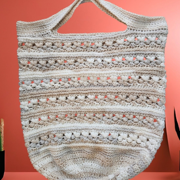 Handmade Handbags - Handmade Shopping Tote Cream and Tan with Intricate Detailing